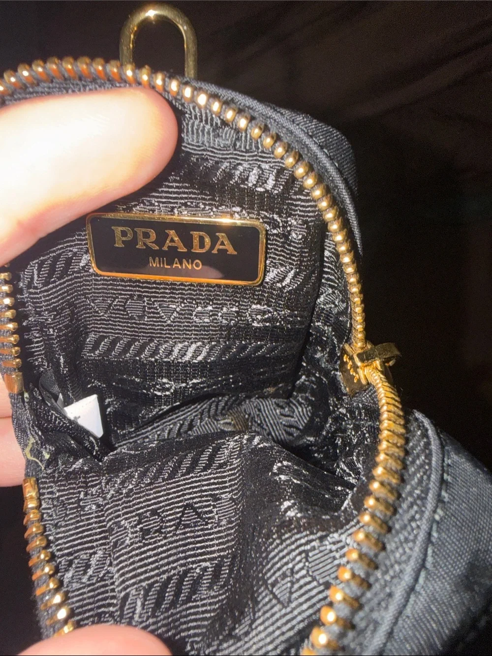 Prada Black Nylon Mini Zip Case with Gold Triangle Logo